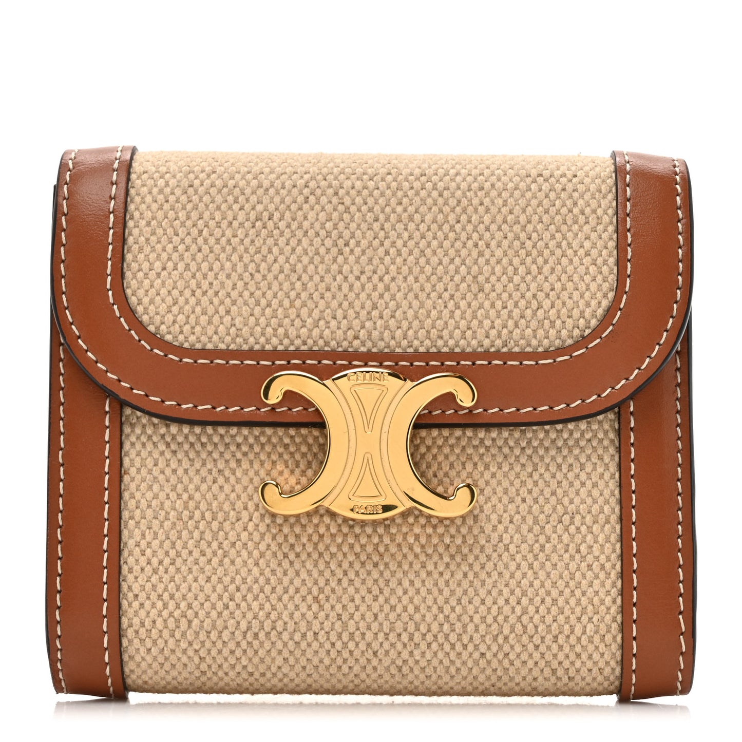 Shiny Calfskin Textile Triomphe Compact Wallet Natural Tan