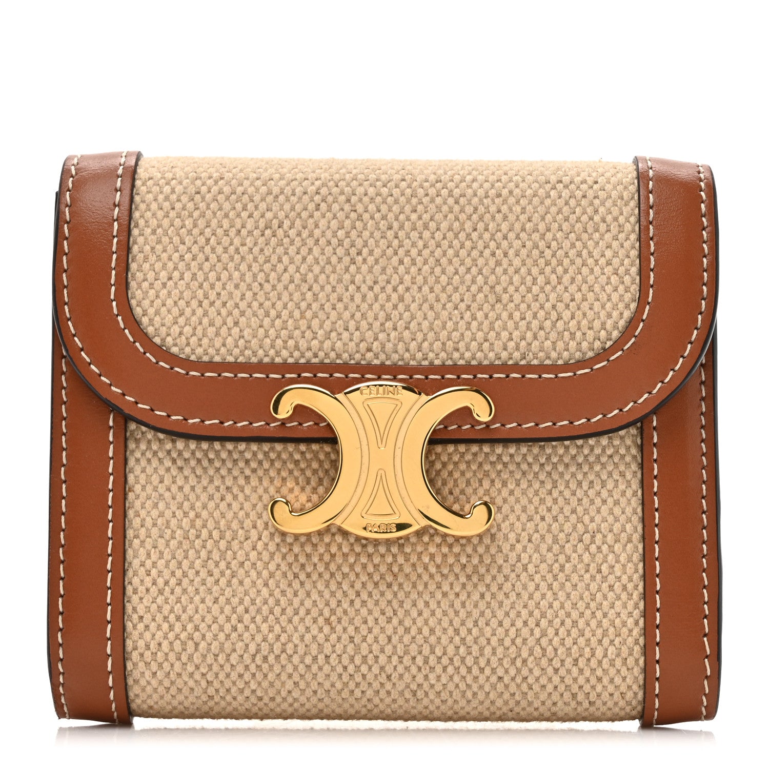 Celine Shiny Calfskin Textile Triomphe Compact Wallet Natural Tan 1 of 9