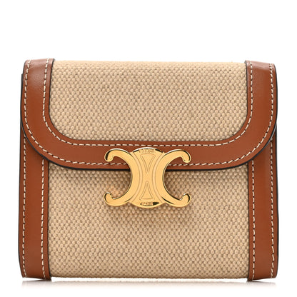 Celine Shiny Calfskin Textile Triomphe Compact Wallet Natural Tan 1 of 9