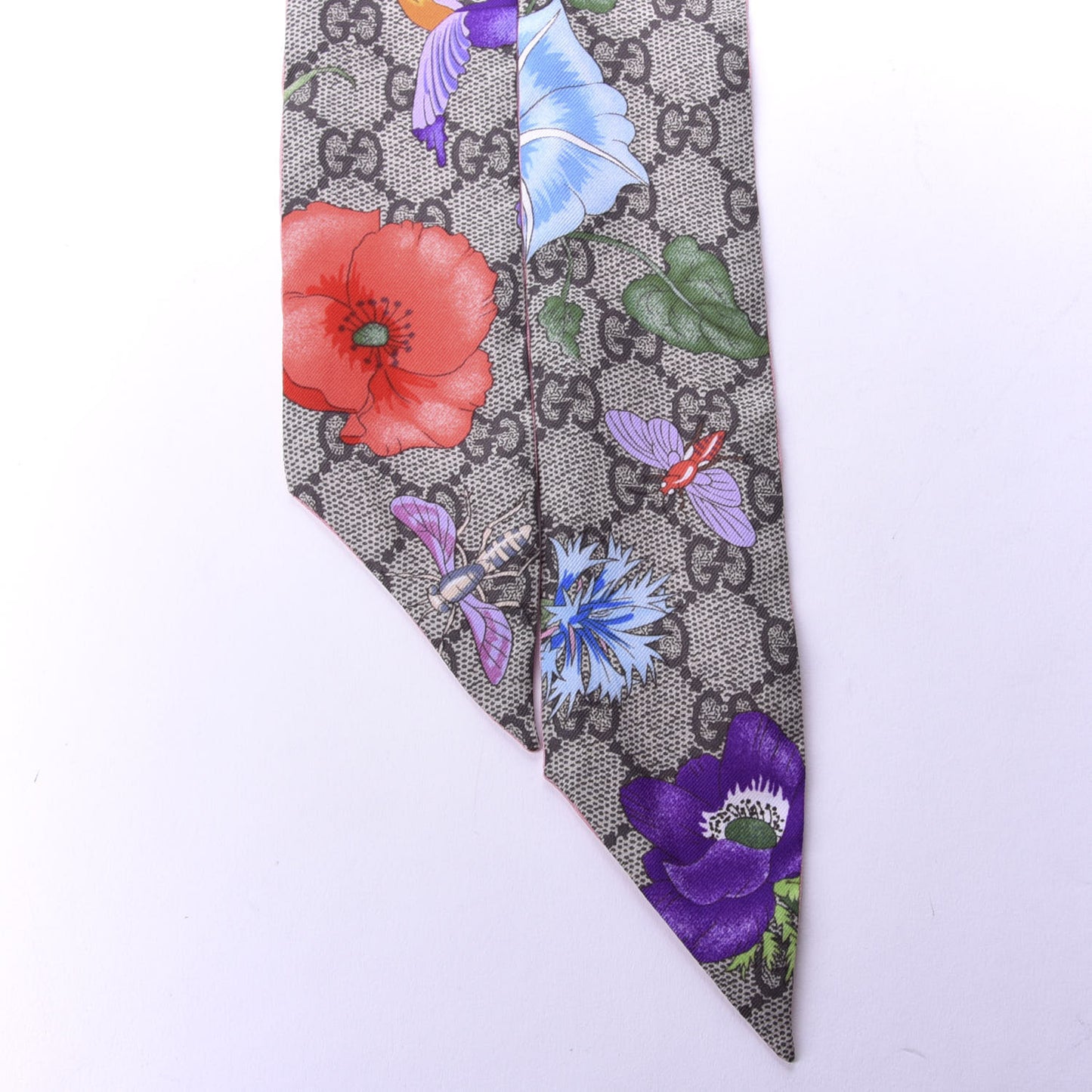 Silk Twill GG Monogram Special Flory Neck Bow Scarf Beige Pink