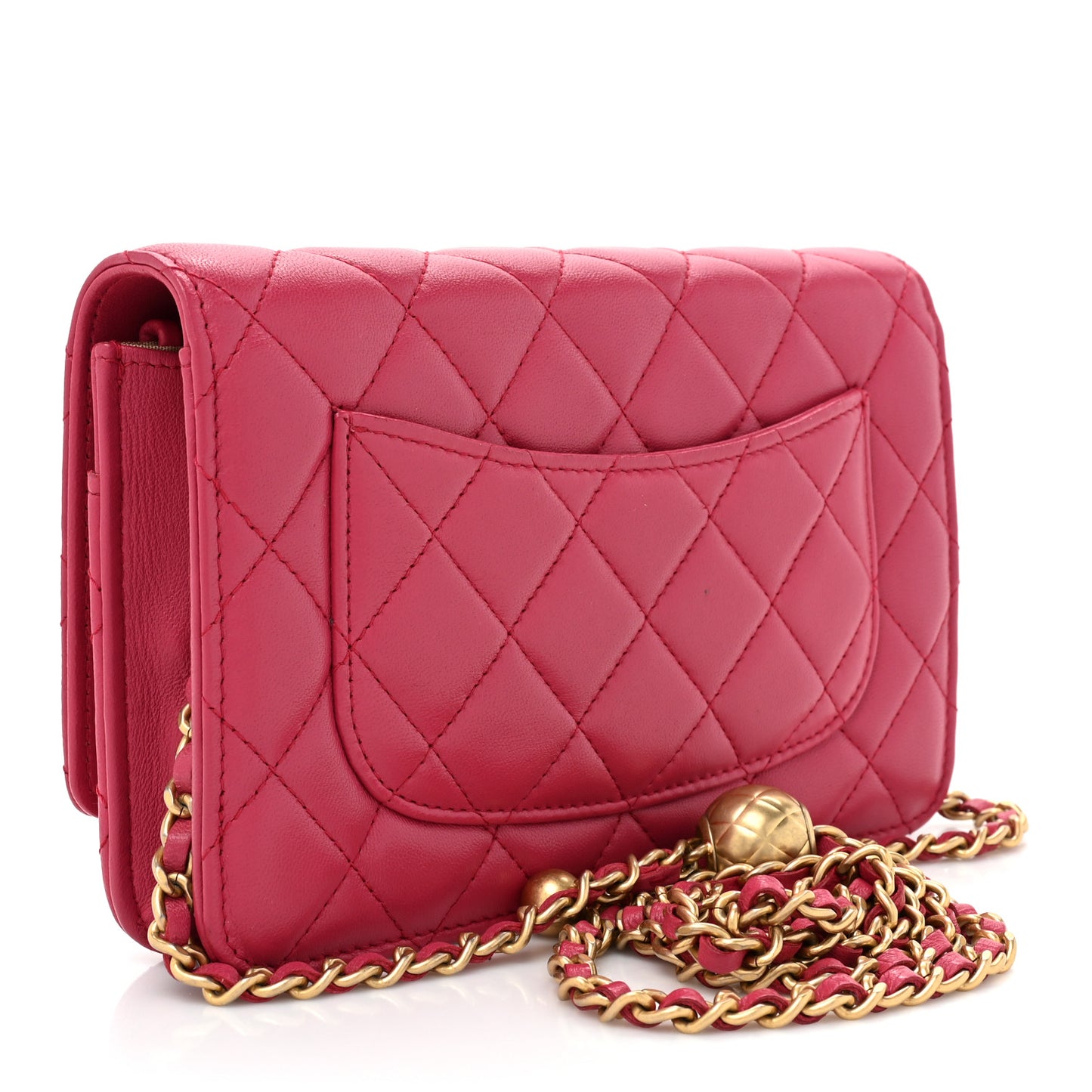 Lambskin Quilted CC Pearl Crush Wallet on Chain WOC Dark Pink