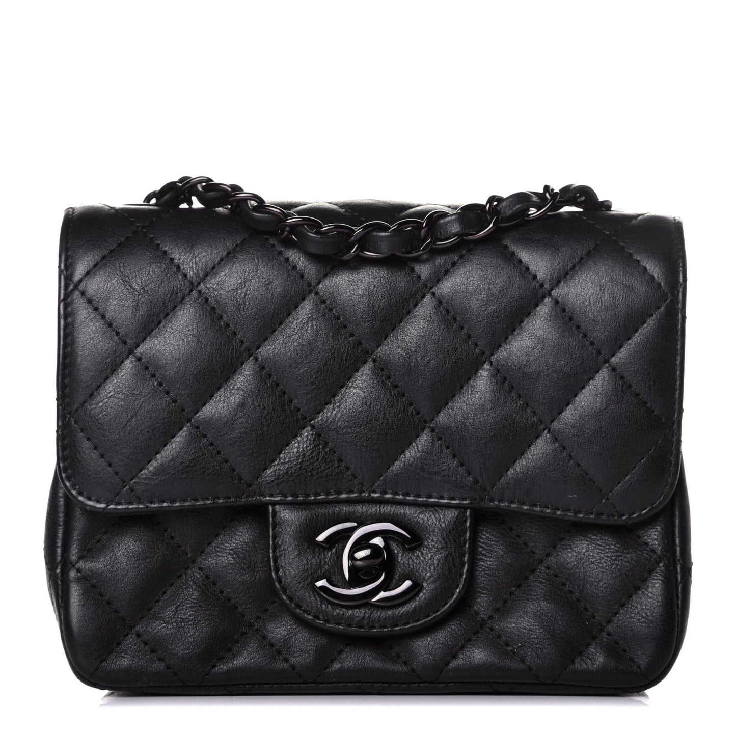 Crumpled Calfskin Quilted Mini Square Flap So Black