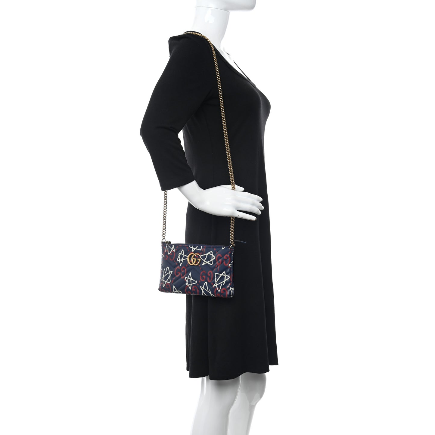Calfskin Matelasse GucciGhost Mini GG Marmont Chain Bag Blue Agata Hibiscus Red