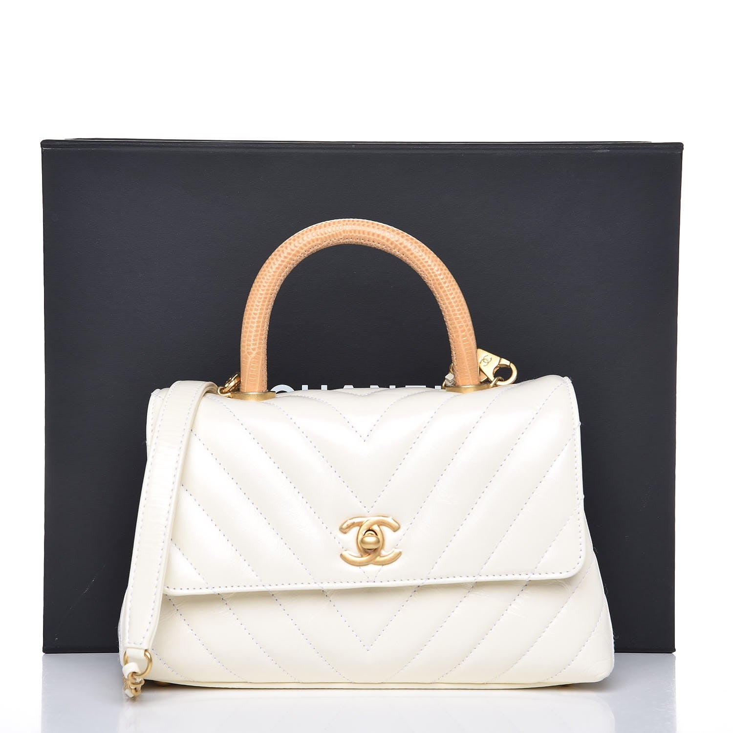 Chanel Calfskin Lizard Chevron Quilted Mini Coco Handle Flap White 10 of 10