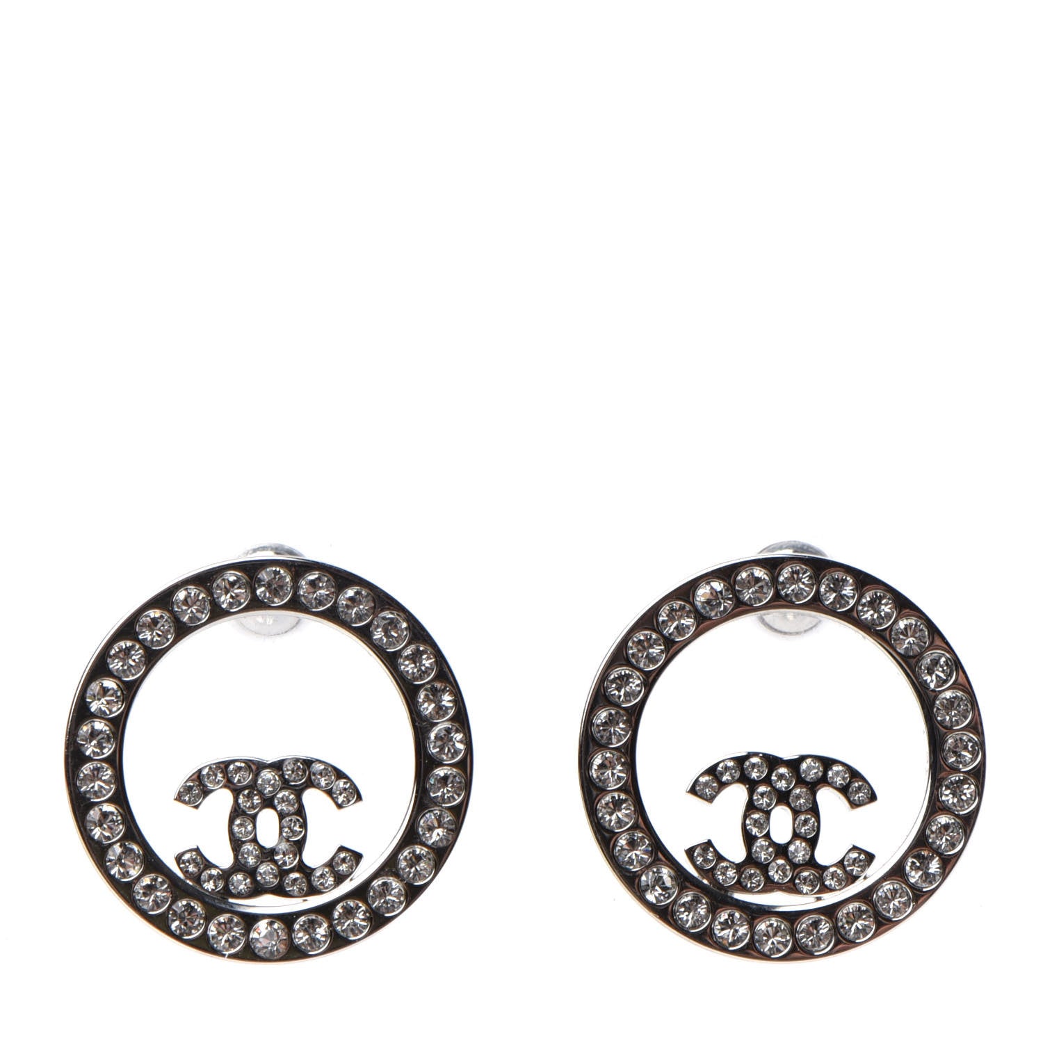 Chanel Crystal CC Round Earrings Silver 1 of 5