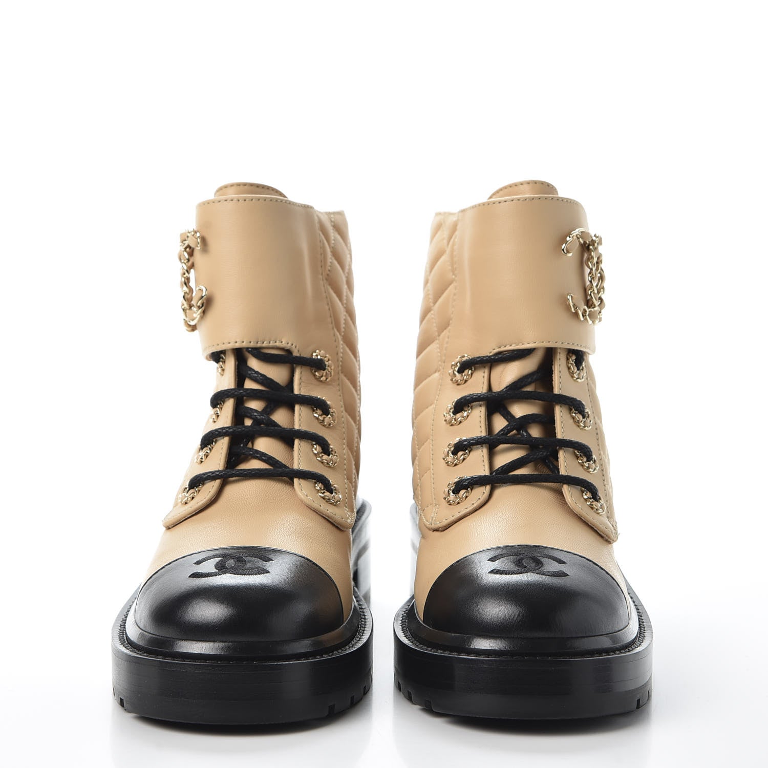 Chanel Lambskin Calfskin Quilted Lace Up Combat Boots 36.5 Beige Black 2 of 11