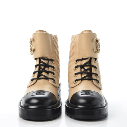 Chanel Lambskin Calfskin Quilted Lace Up Combat Boots 36.5 Beige Black 2 of 11