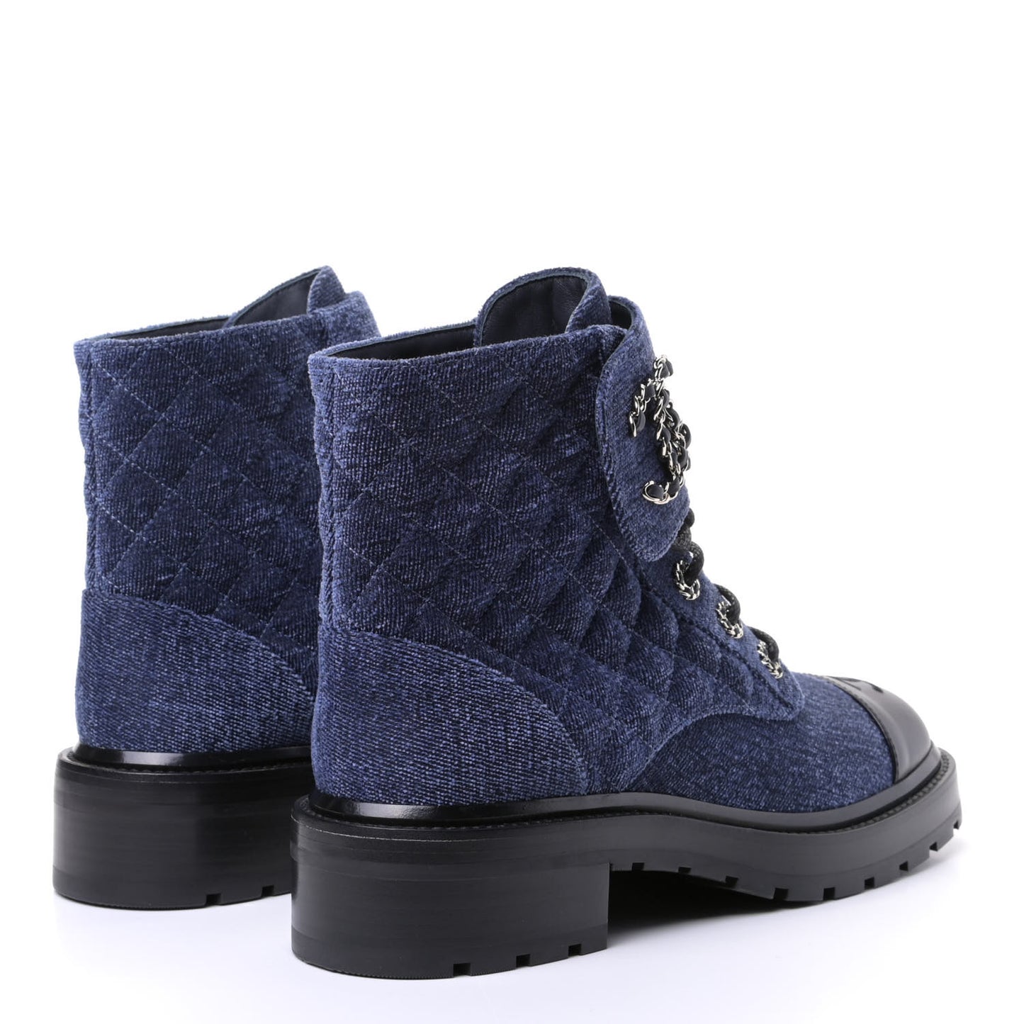Denim Calfskin Quilted Lace Up Combat Boots 39 Blue