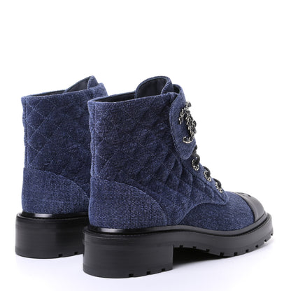 Chanel Denim Calfskin Quilted Lace Up Combat Boots 39 Blue 3 of 4