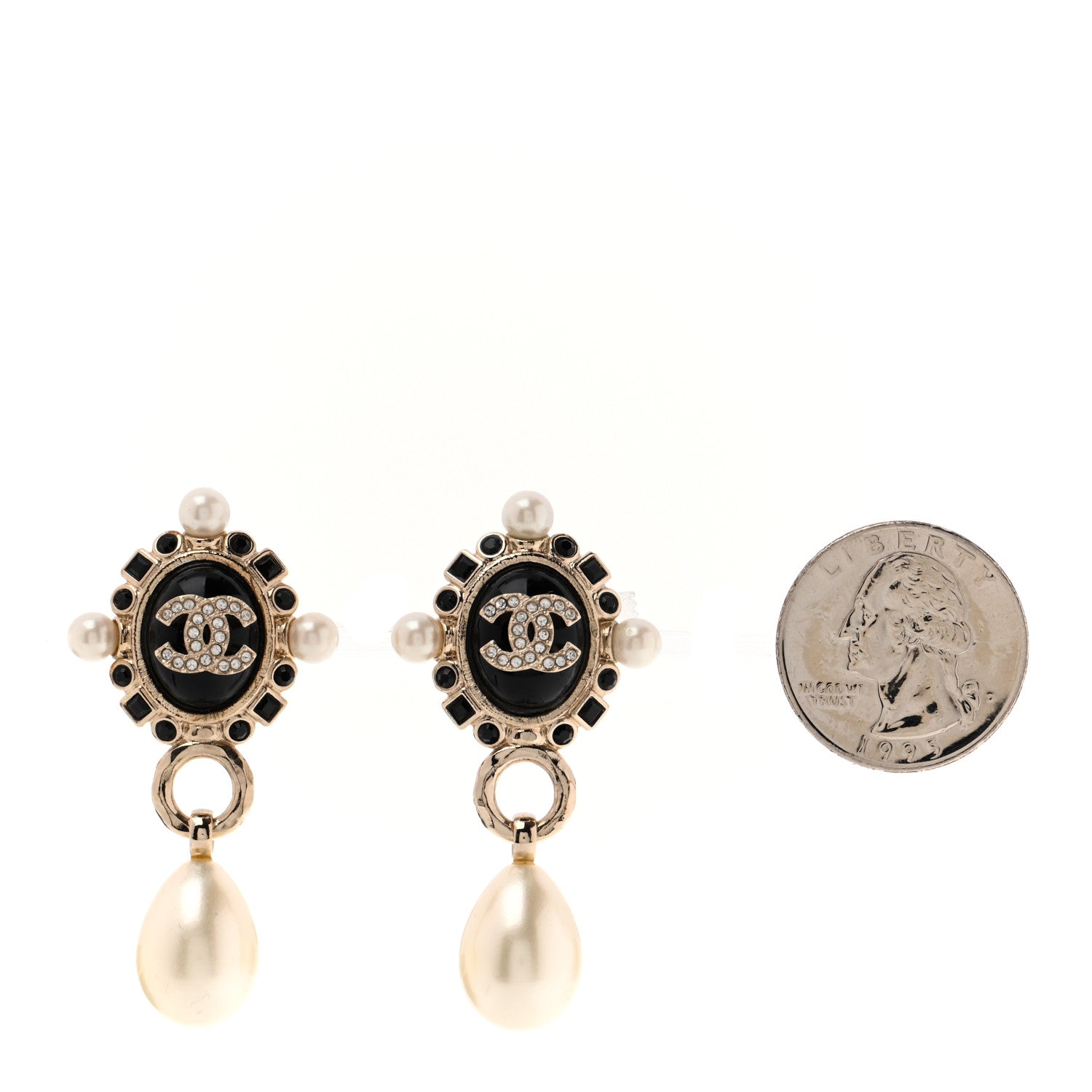 Chanel Resin Crystal Pearl CC Drop Earrings Gold Black 2 of 5