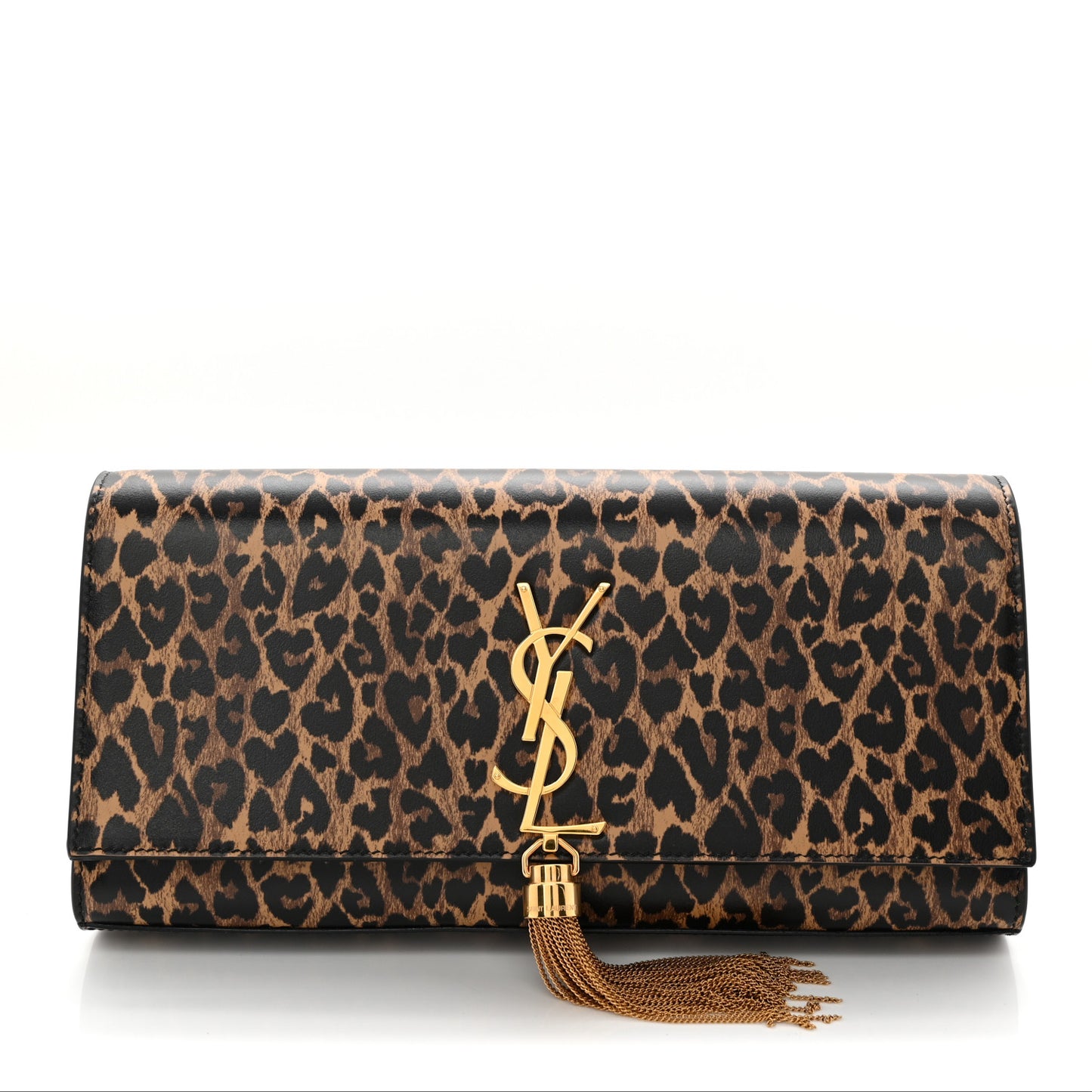 Calfskin Heart Leopard Printed Classic Monogram Kate Tassel Clutch Naturale