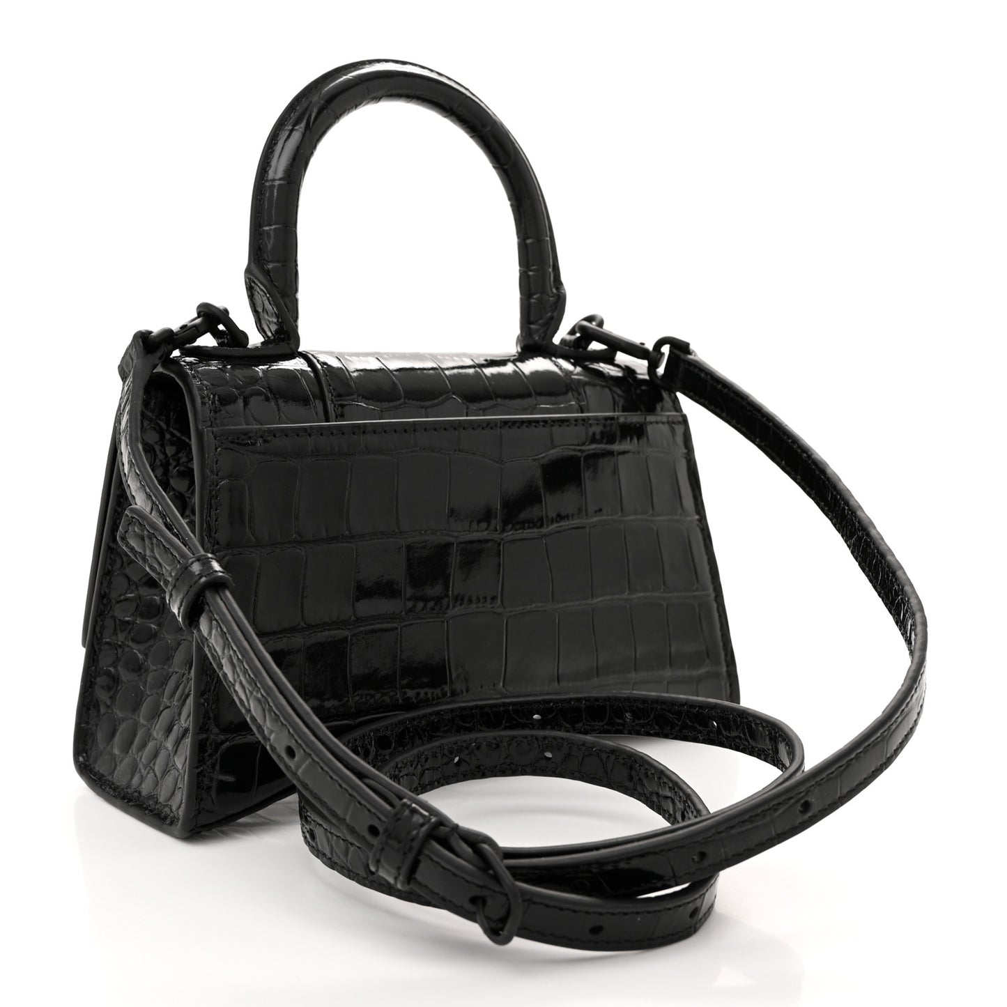 Shiny Calfskin Monochrome Crocodile Embossed Strass Hourglass Top Handle Bag XS Black