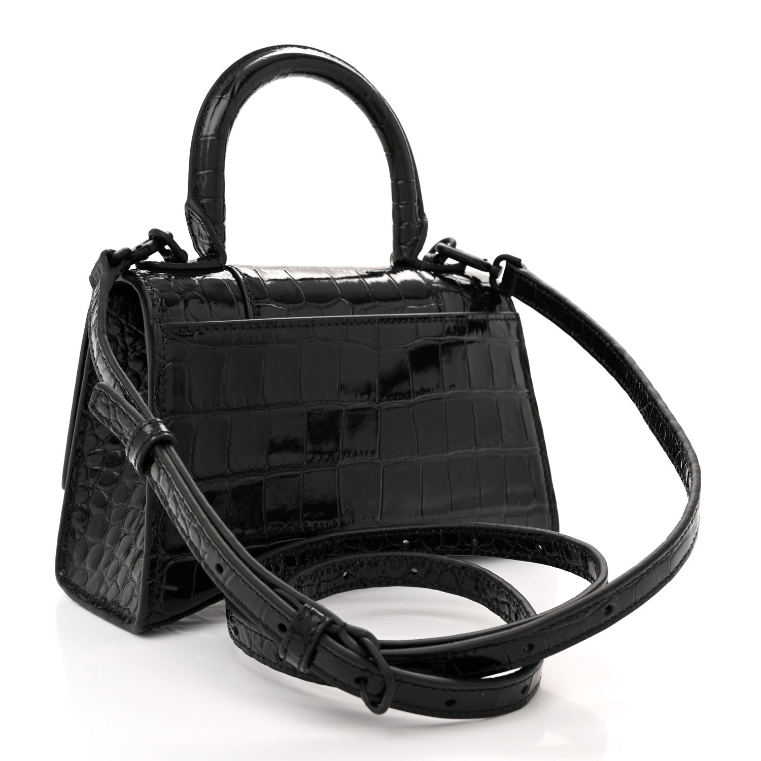 Balenciaga Shiny Calfskin Monochrome Crocodile Embossed Strass Hourglass Top Handle Bag XS Black 3 of 11