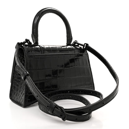 Balenciaga Shiny Calfskin Monochrome Crocodile Embossed Strass Hourglass Top Handle Bag XS Black 3 of 11