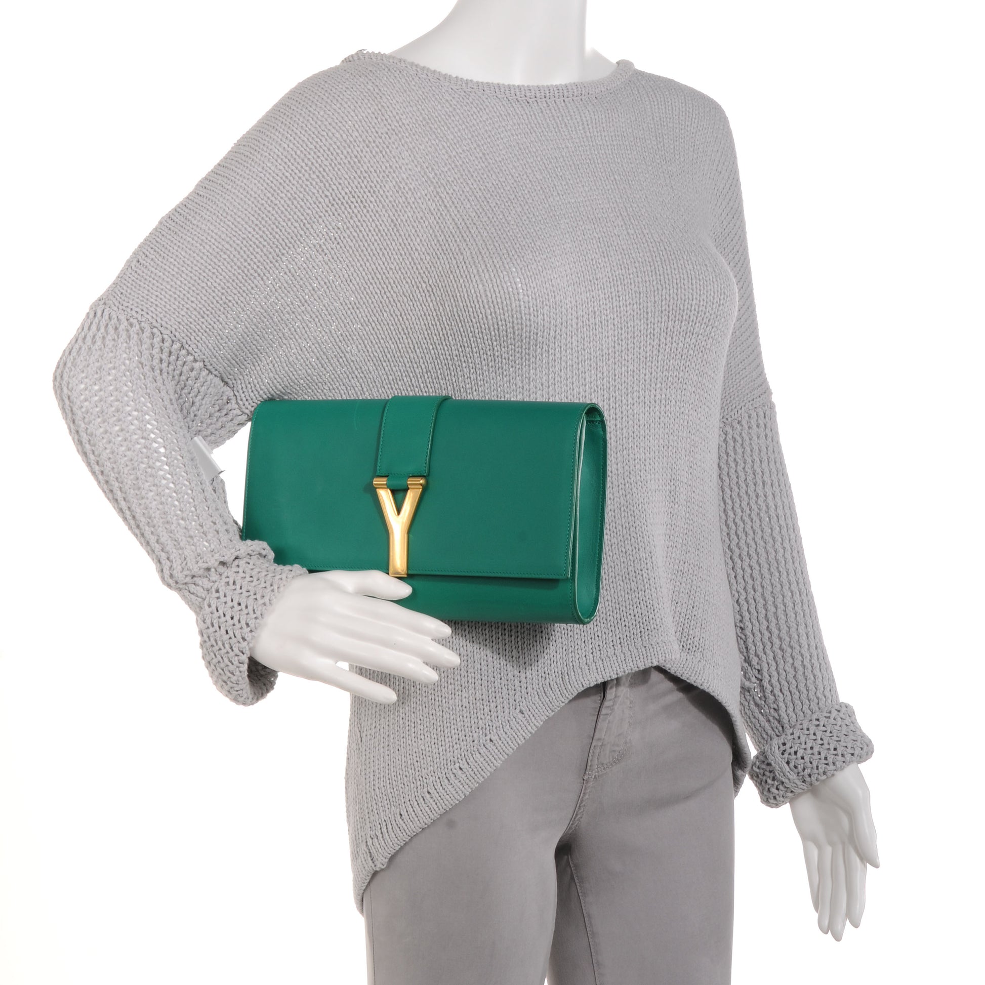 Saint Laurent Leather Classic Y Clutch Green 2 of 8