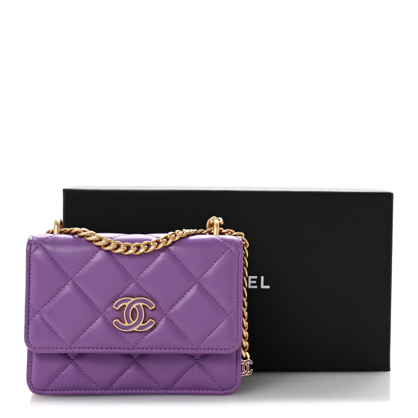 Lambskin Enamel Quilted Pending CC Clutch With Chain  Purple