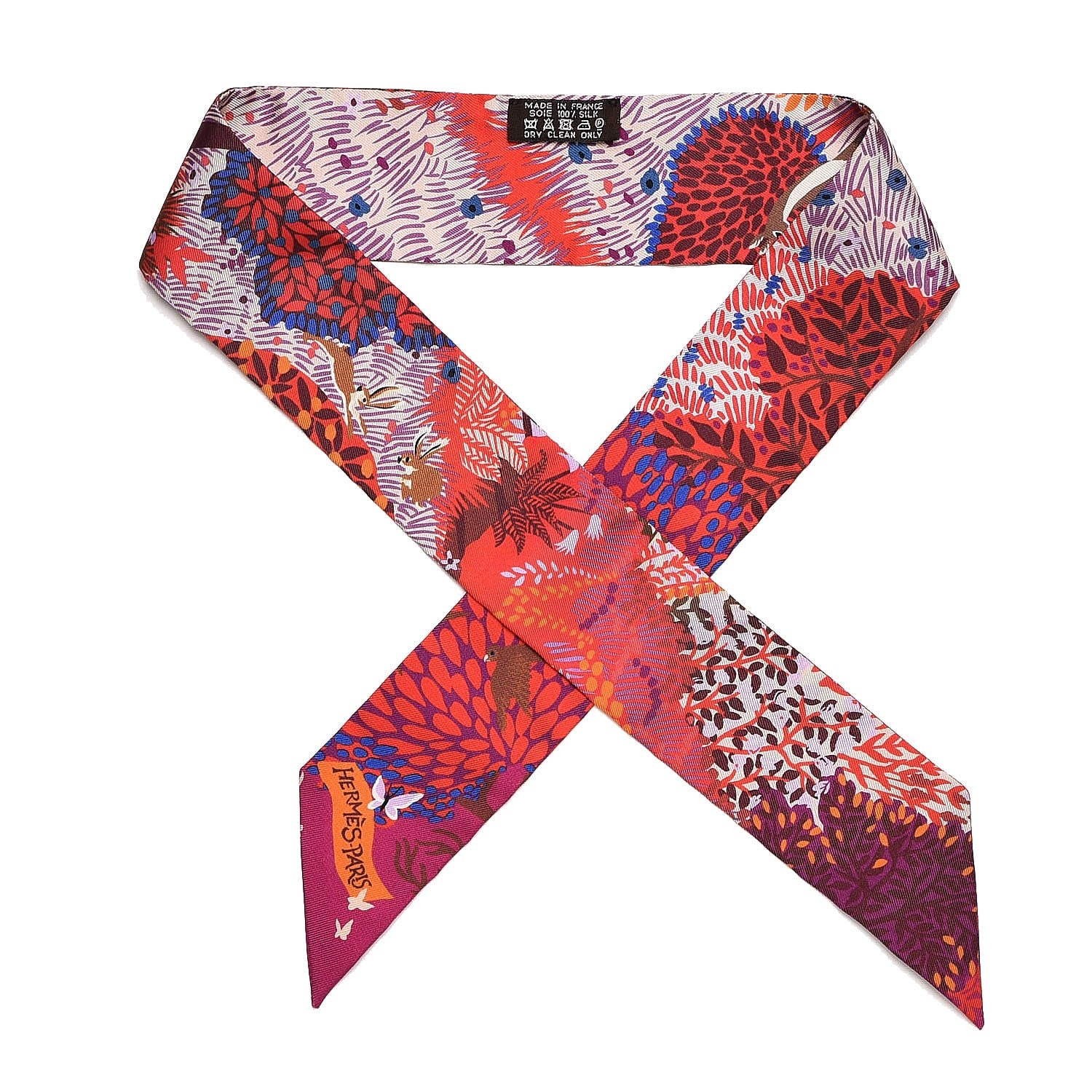Hermes Silk Dans un Jardin Anglais Twilly Fuchsia Rouge Bleu Roy 1 of 4