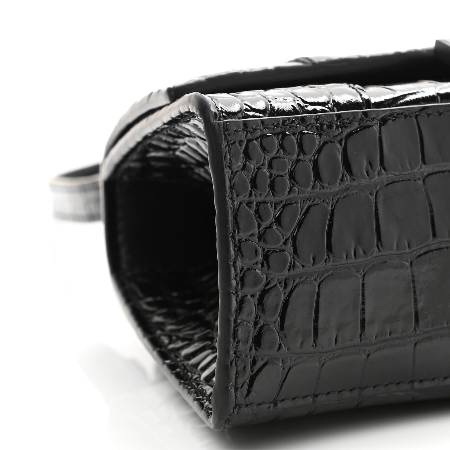 Shiny Calfskin Monochrome Crocodile Embossed Hourglass Top Handle Bag XS Black