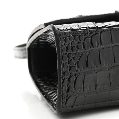 Balenciaga Shiny Calfskin Monochrome Crocodile Embossed Hourglass Top Handle Bag XS Black 9 of 11