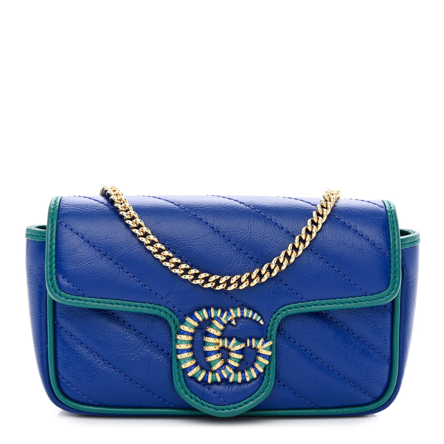 Gucci Azalea Calfskin Enamel Matelasse Diagonal Super Mini Torchon GG Marmont Shoulder Bag Imperial Blue Pavone 1 of 10