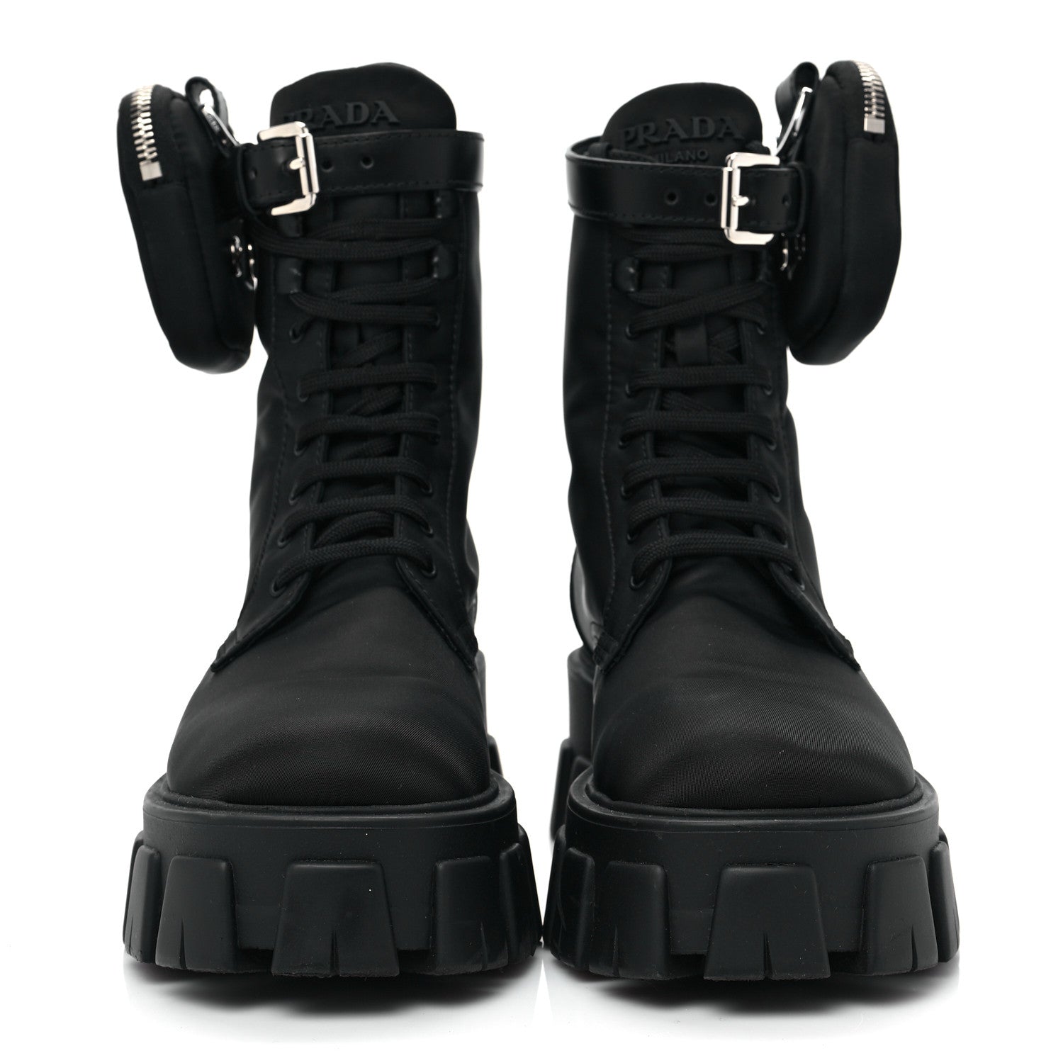 Prada Re-Nylon Gabardine Metal Triangle Logo Monolith Pouch Pocket 55mm Boots 39 Black 2 of 7