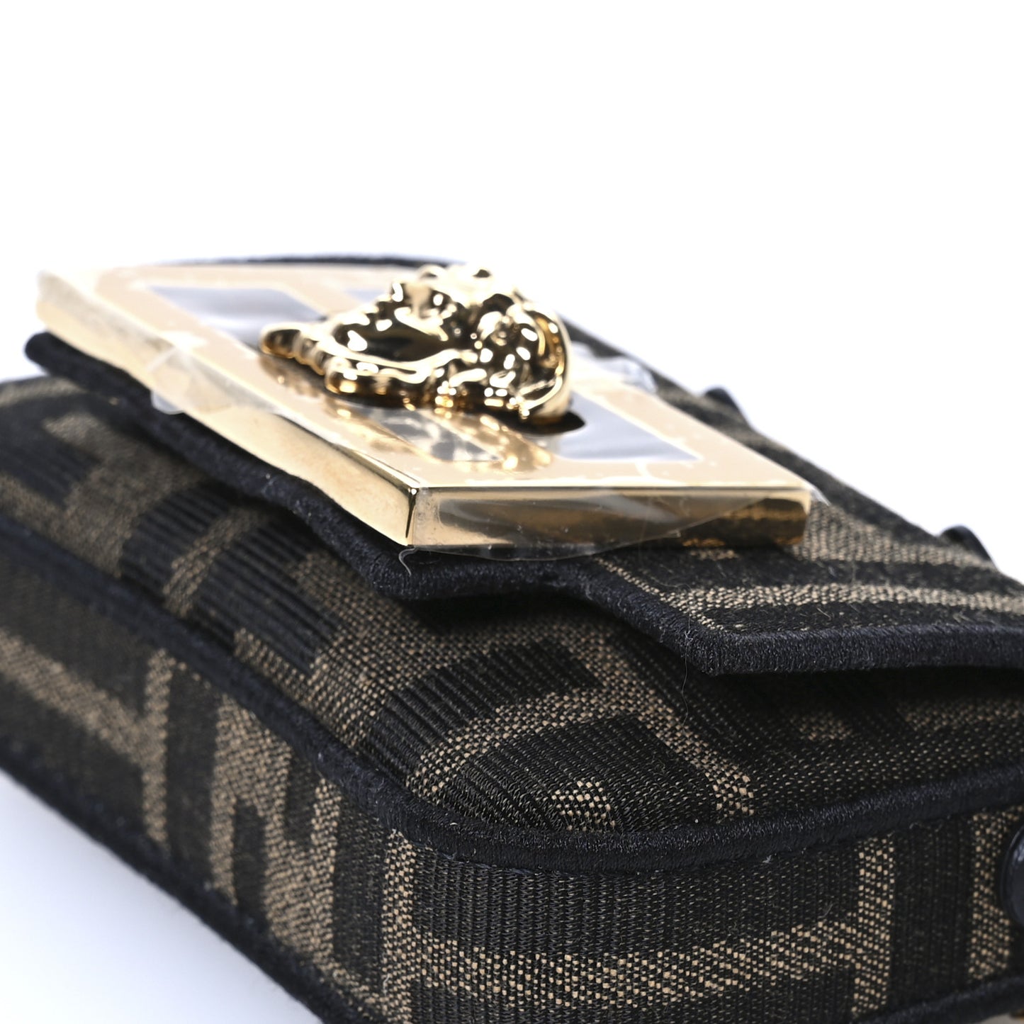 X VERSACE Fabric Jacquard Fendace FF Nano Brooch Baguette Tobacco Black