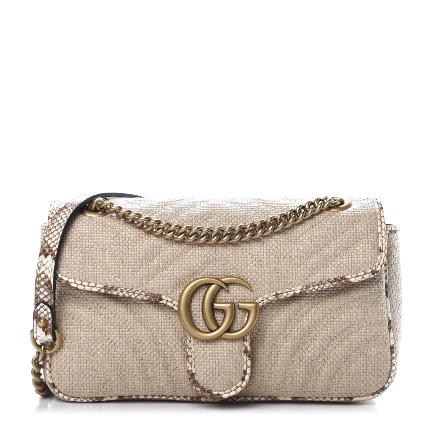 Raffia Elaphe Matelasse Small GG Marmont Shoulder Bag Natural Cream Brown