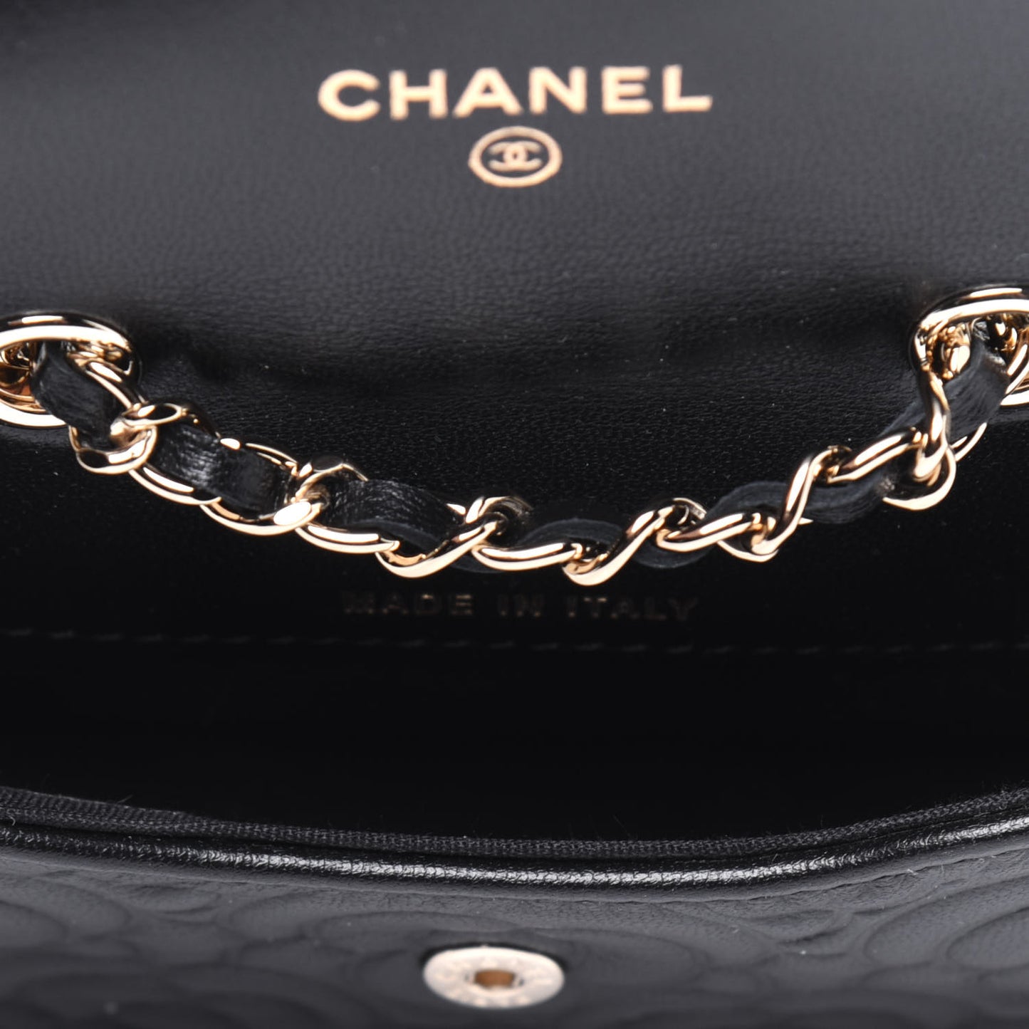 Lambskin Camellia Embossed Chain Belt Bag Black