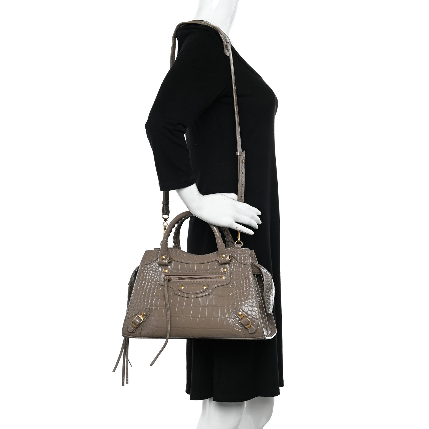 Balenciaga Shiny Supple Calfskin Crocodile Embossed Neo Classic Gold Hardware S City Mink Grey 2 of 13
