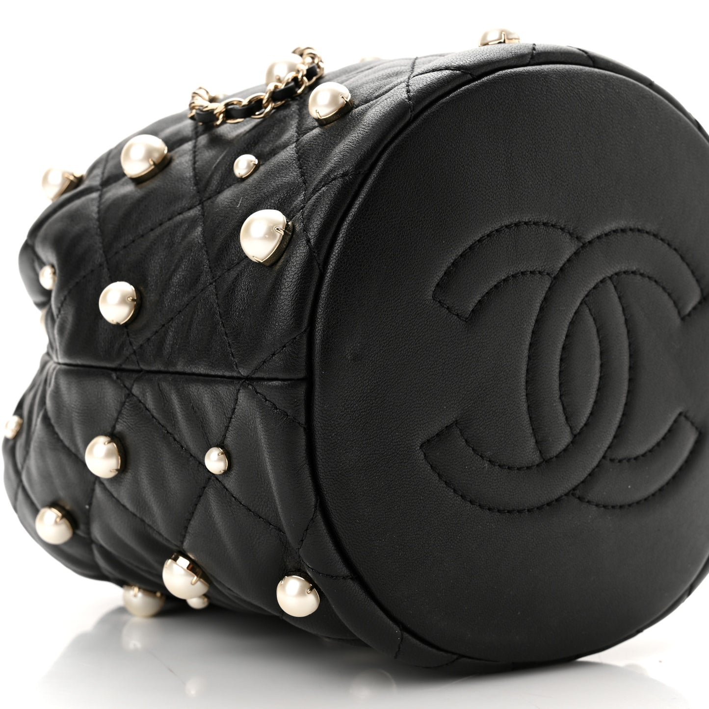 Lambskin Quilted Pearl About Pearls Drawstring Bag Black