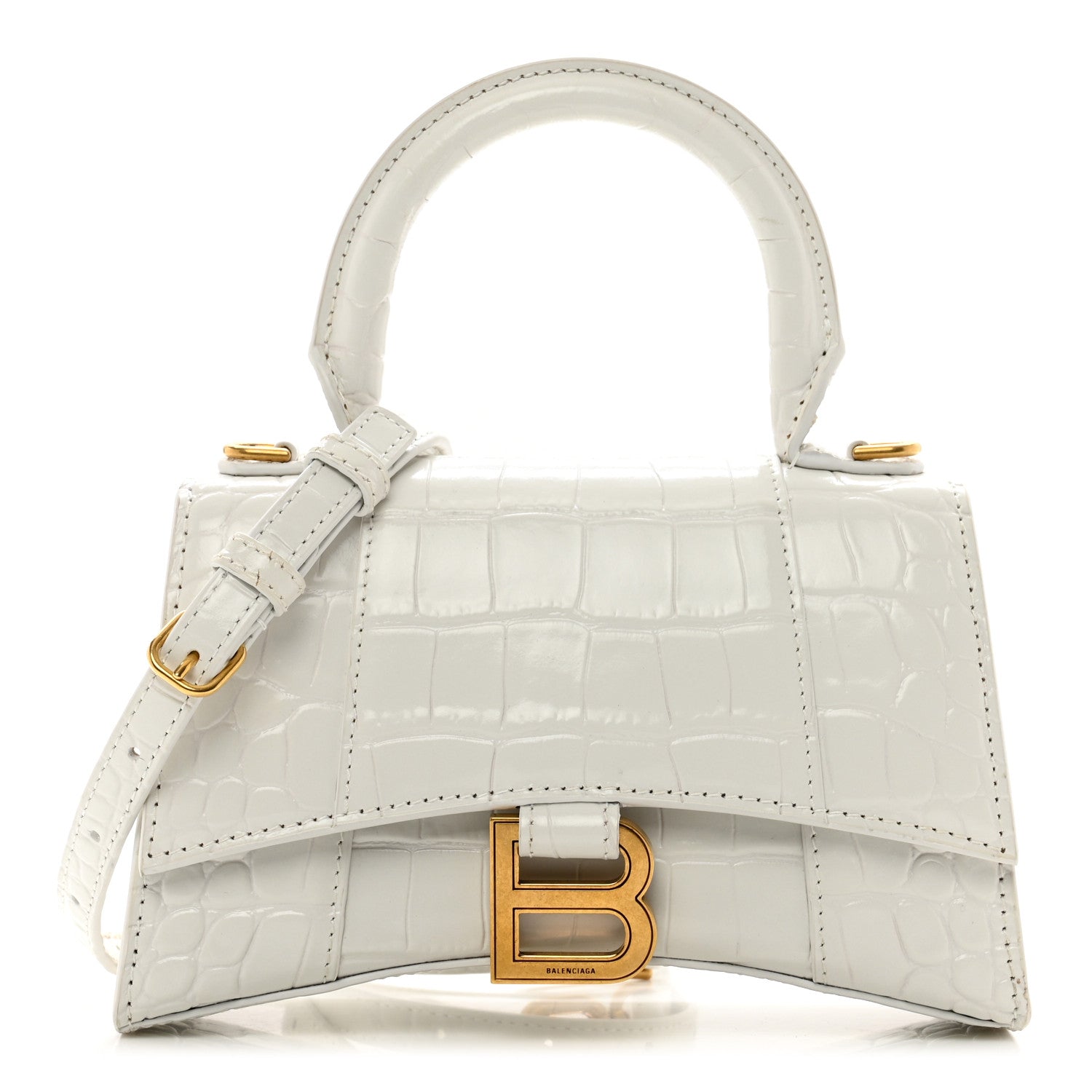 Balenciaga Shiny Calfskin Crocodile Embossed Hourglass Top Handle Bag XS White 1 of 11