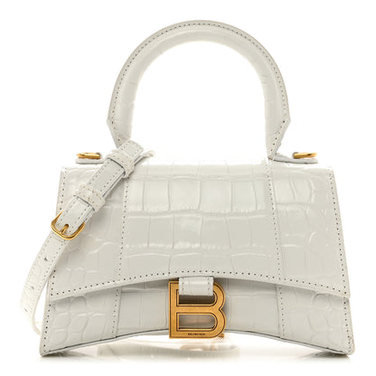 Balenciaga Shiny Calfskin Crocodile Embossed Hourglass Top Handle Bag XS White 1 of 11