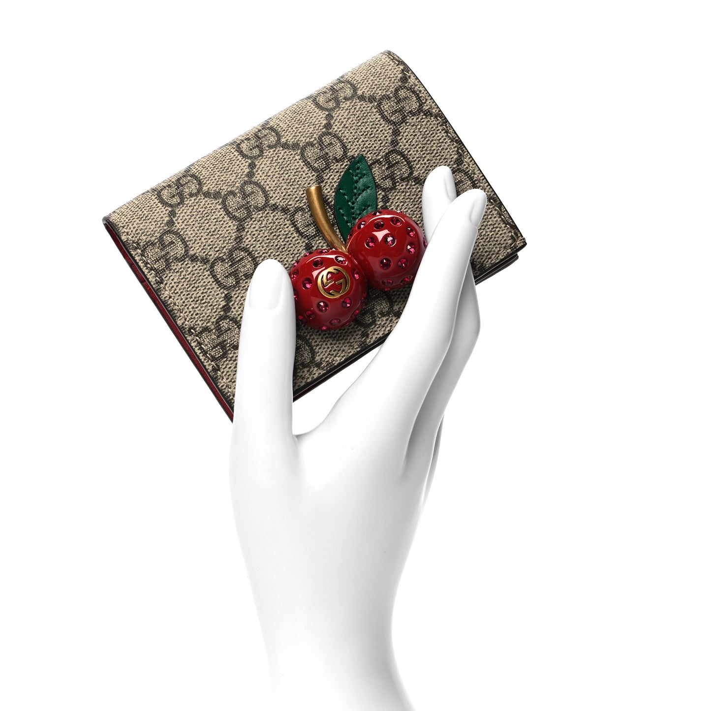 GG Supreme Monogram Cherry Embellished Card Case Wallet Hibiscus Red