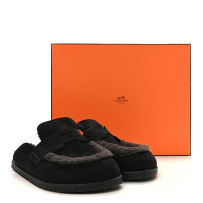 Hermes Suede Goatskin Shearling Mens Go Mules 43.5 Black 10 of 10