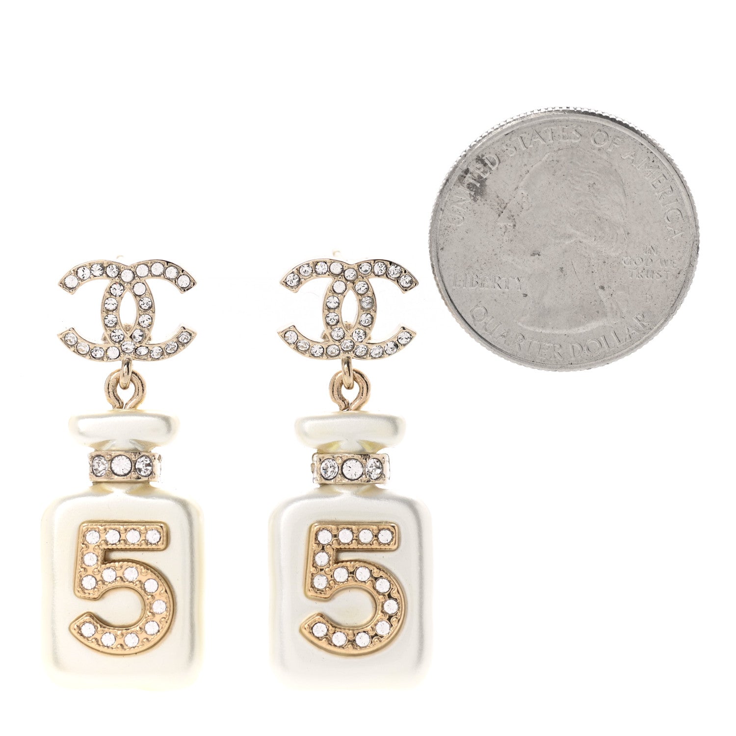 Chanel Pearl Resin Crystal CC No 5 Perfume Bottle Drop Earrings Gold Pearly White 2 of 5