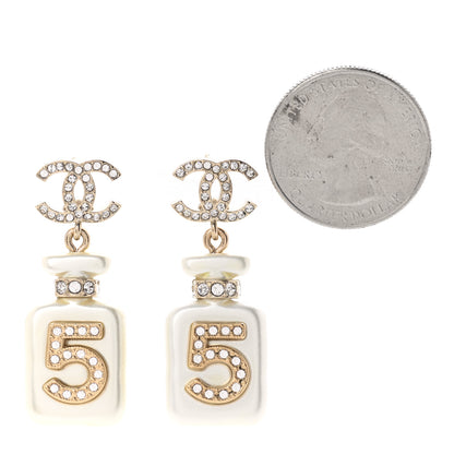 Chanel Pearl Resin Crystal CC No 5 Perfume Bottle Drop Earrings Gold Pearly White 2 of 5