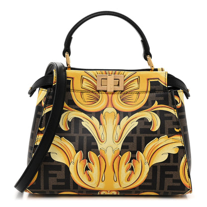 Fendi X VERSACE Vitello Seta Nappa Fendace FF Baroque Mini Peekaboo Iconic Satchel Tobacco Black Gold 1 of 9