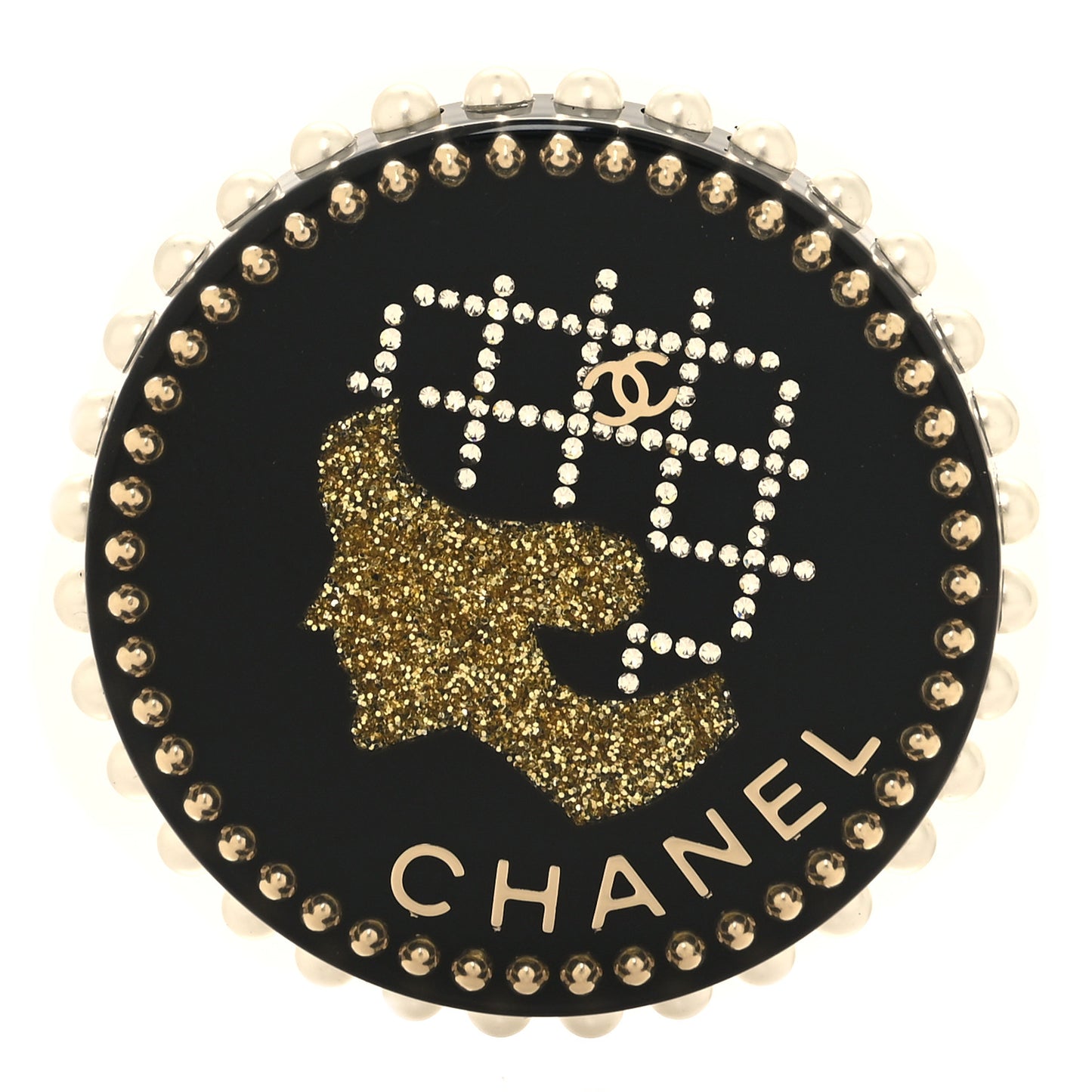 Strass Resin Pearl Coco Chanel Profile Brooch Black