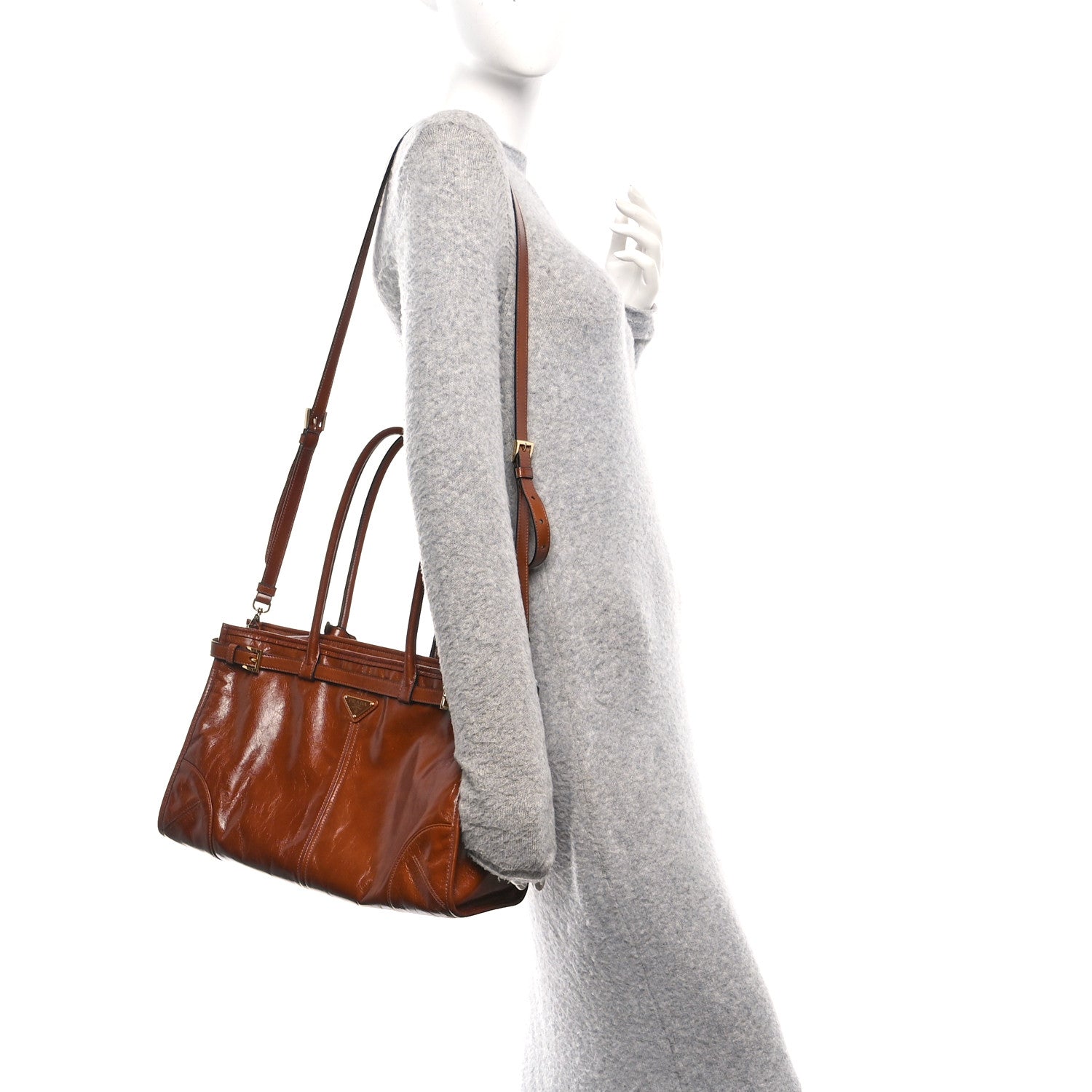 Prada Glossy Calfskin Triangle Large Bonnie Shoulder Bag Palissandro 2 of 9