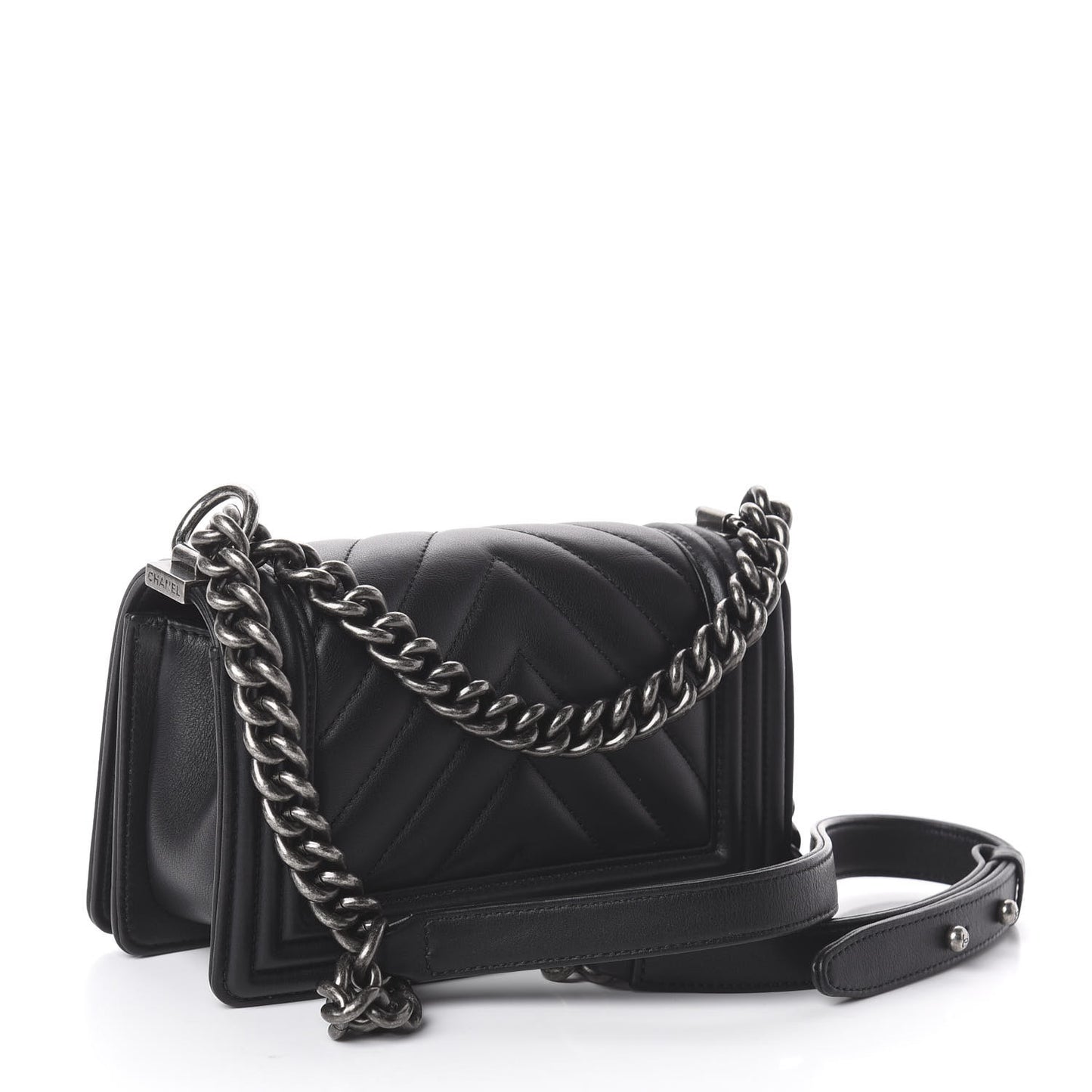 Calfskin Chevron Quilted Small Boy Flap Black