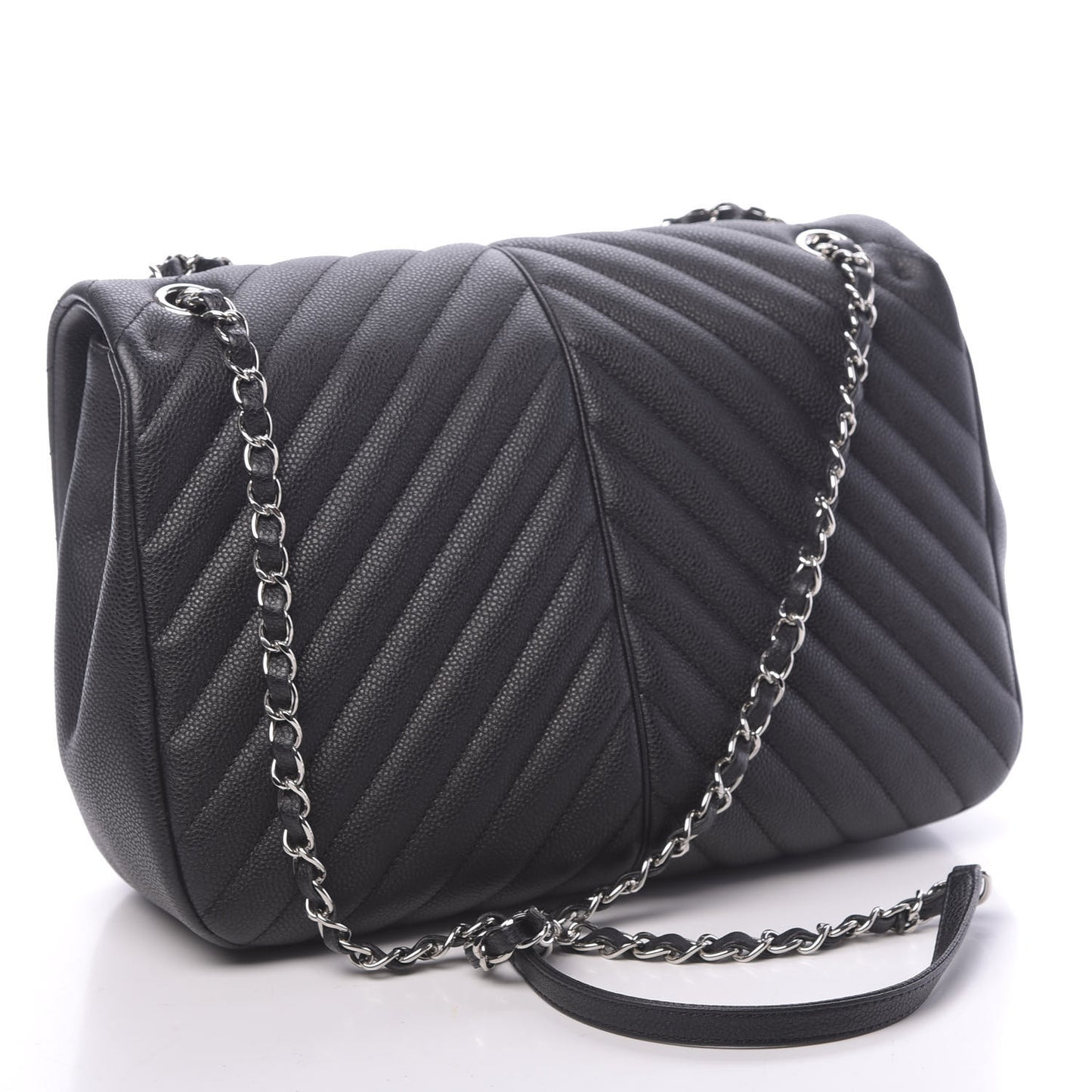 Caviar Chevron Quilted Large Puffy CC Flap Black