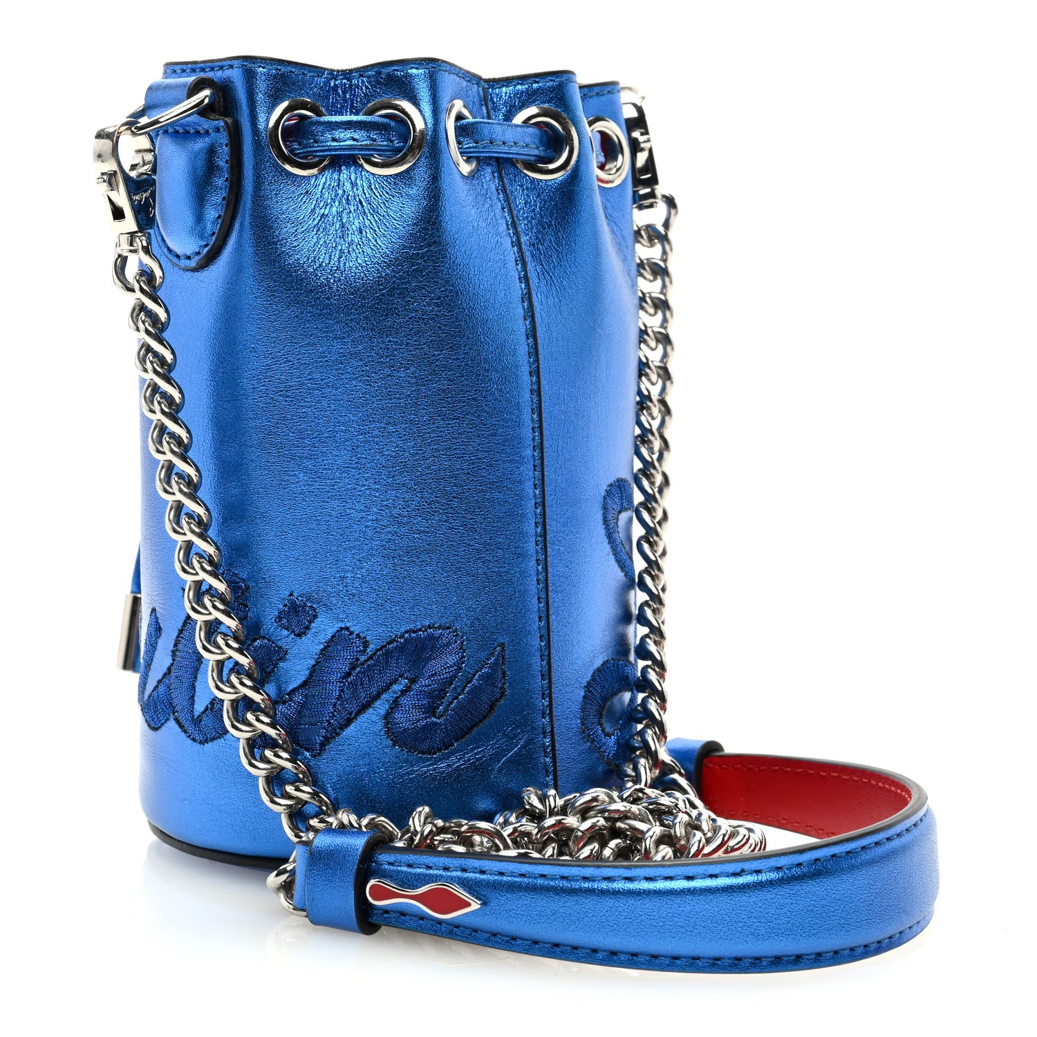 Christian Louboutin CHRISTIAN LOUBOUTIN Metallic Calfskin Mini Marie Jane Bucket Bag Blue 3 of 9