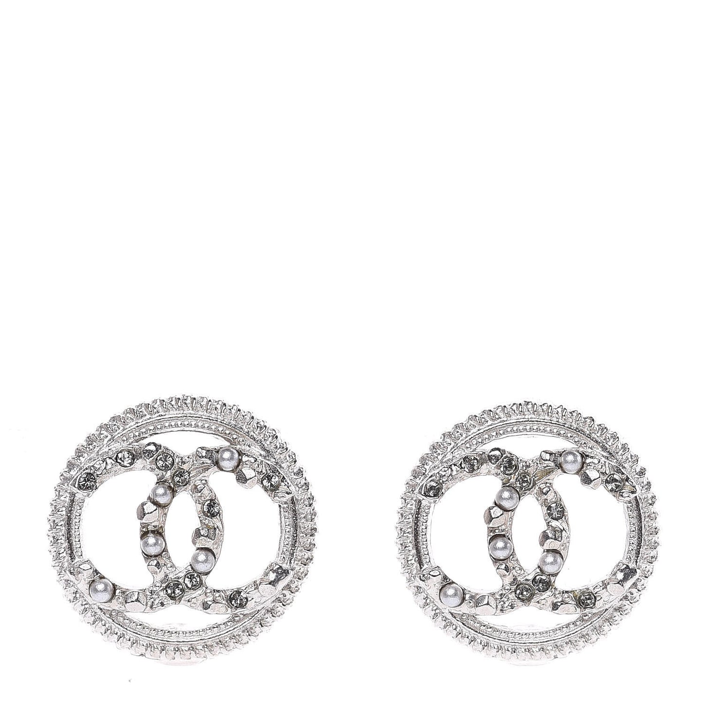 Pearl Crystal CC Round Earrings Silver