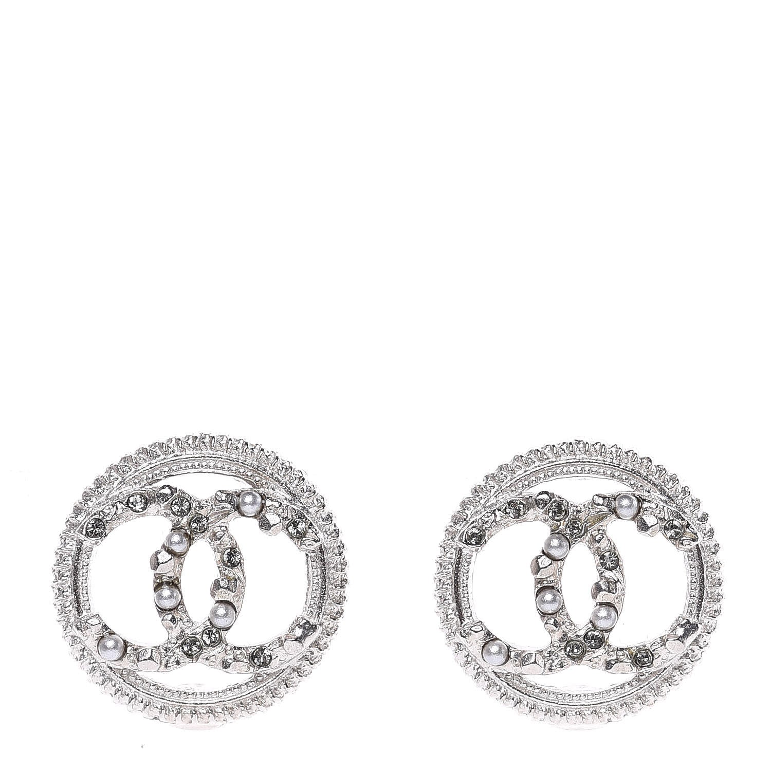 Chanel Pearl Crystal CC Round Earrings Silver 1 of 5