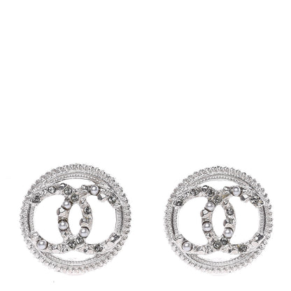 Chanel Pearl Crystal CC Round Earrings Silver 1 of 5