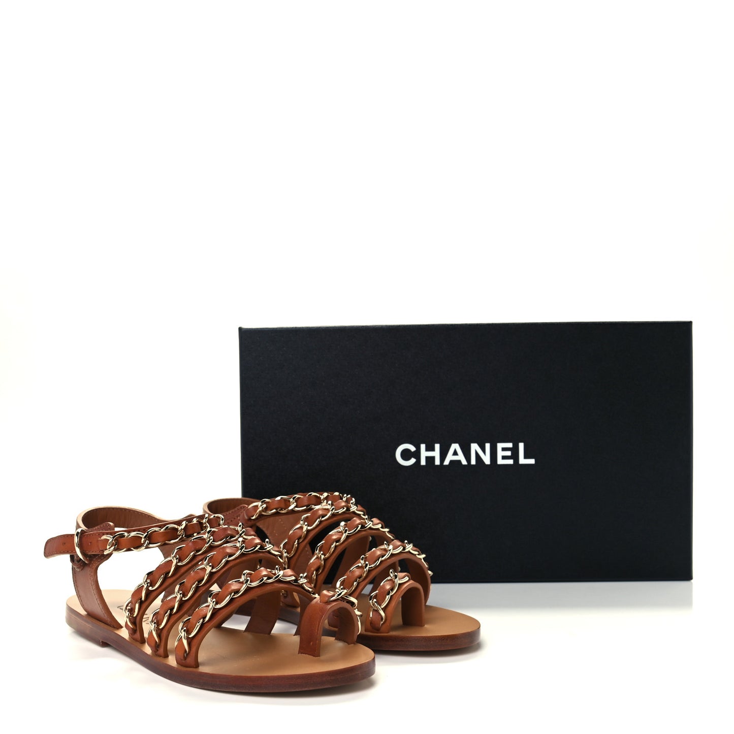 Calfskin Chain CC Flat Sandals 36 Beige