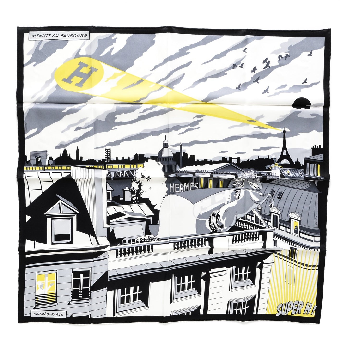 Silk Minuit Au Faubourg Scarf 70 Anthracite Blanc Jaune Vif