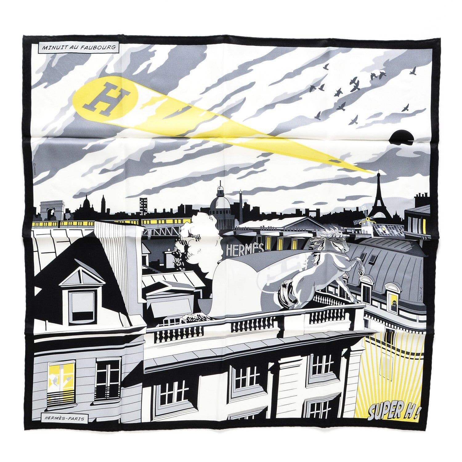Hermes Silk Minuit Au Faubourg Scarf 70 Anthracite Blanc Jaune Vif 1 of 7