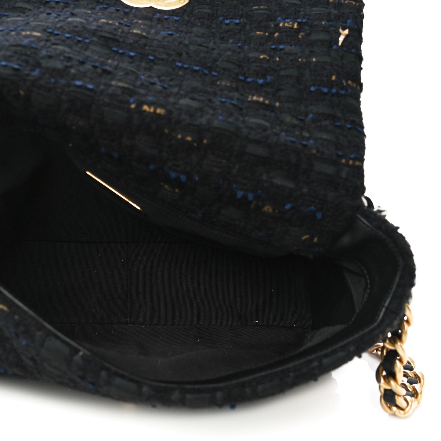 Tweed Quilted Large Chanel 19 Flap Black Navy Gold