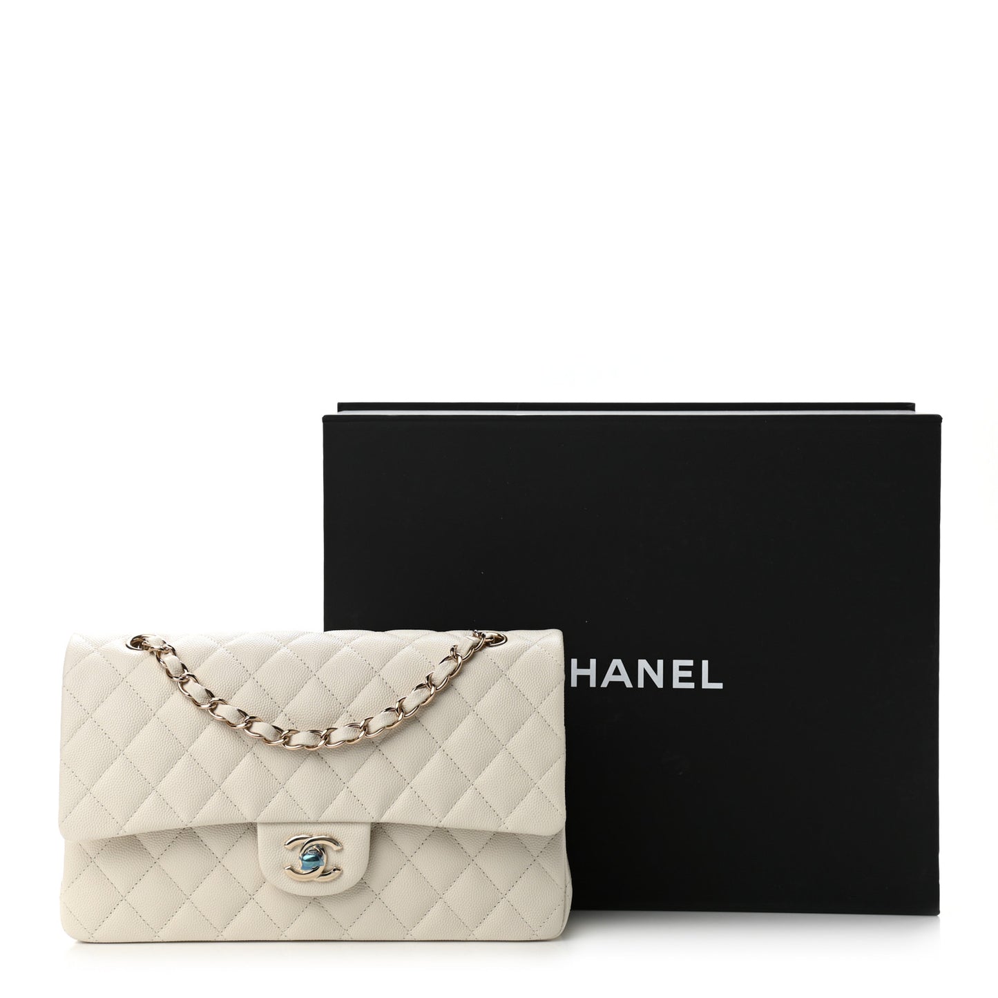 Caviar Quilted Medium Double Flap White